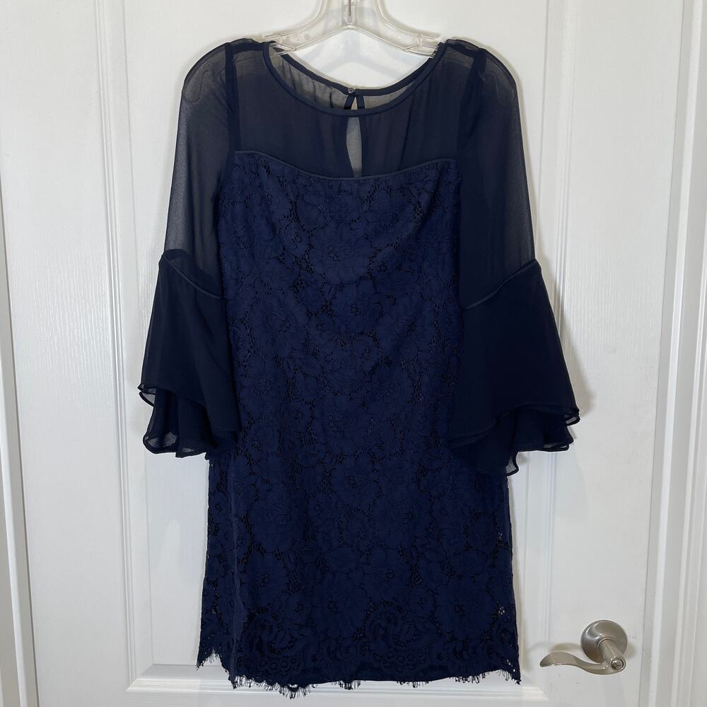 Lauren Ralph Lauren Lace Shift Dress Sheer‎ Ruffle Bell Sleeves Navy Cocktail 4